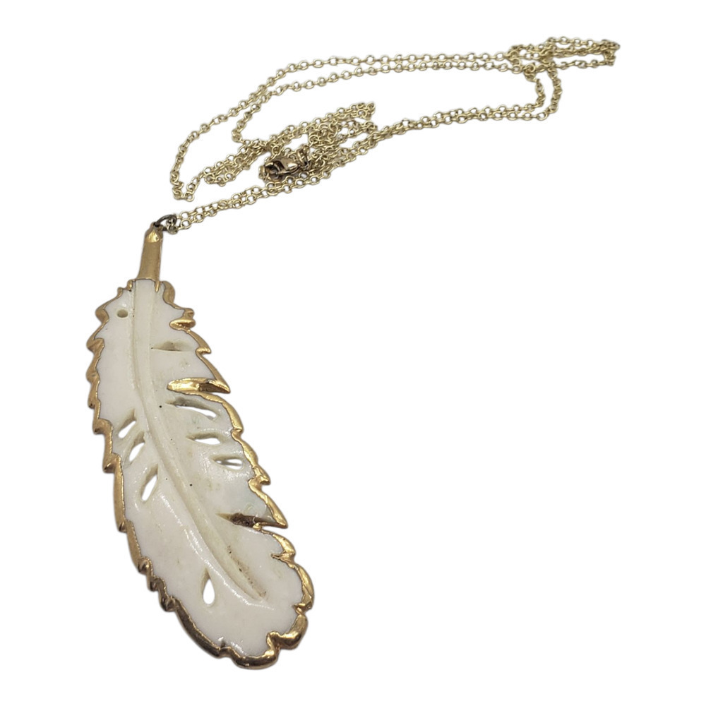 Vintage Feather Pendant Necklace Long Boho 24k Gold Edge Tiger Lily Gold Chain